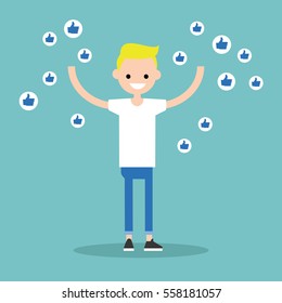 Young successful boy surrounded by like symbols raising his hands / flat editable vector illustration