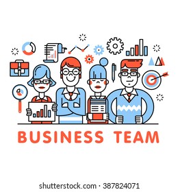 Young And Successful Business Team Standing Tall. Development, Sales, Marketing And Management Executives. Thin Line Art Flat Illustration With Icons.