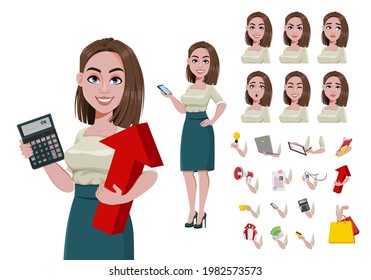 Young successful business woman creation set. Build your own design of cute businesswoman cartoon character. Stock vector illustration