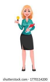 Young successful business woman having a good idea. Blond businesswoman cartoon character. Vector illustration on white background