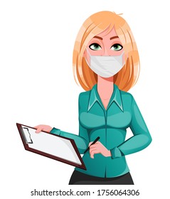 Young successful business woman holding clipboard. Blond businesswoman cartoon character in medical mask. Vector illustration on white background