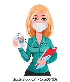 Young successful business woman holding badge. Blond businesswoman cartoon character in medical mask. Vector illustration on white background