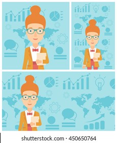 Young successful business woman holding a file in hand while standing with growing chart and a map on a background. Vector flat design illustration. Square, horizontal, vertical layouts.