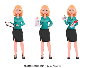 Young successful business woman, set of three poses. Beautiful blond businesswoman cartoon character. Vector illustration 