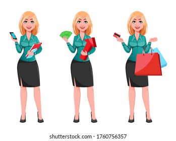 Young successful business woman, set of three poses. Cheerful blond businesswoman cartoon character. Vector illustration 