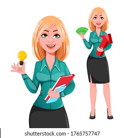 Young successful business woman, set of two poses. Blond businesswoman cartoon character. Vector illustration