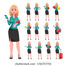 Joven empresaria exitosa, un grupo de trece poses. Hermoso personaje de caricatura de una empresaria rubia. Ilustración del vector 