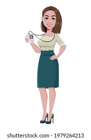 Young successful business woman showing her badge. Cute businesswoman cartoon character.  Stock vector illustration on white background