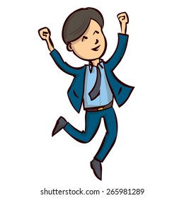 Young successful businessman enjoys success. Hand drawn cartoon vector illustration.