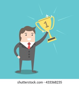 Young successful businessman holding golden winner cup. Business success, victory, reward and triumph concept. EPS 8 vector illustration, no transparency