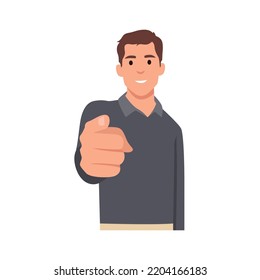 Young successful businessman pointing finger at you smiling. Flat vector illustration isolated on white background