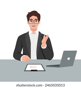 Young successful businessman sit at the table talking giving advice. Flat vector illustration isolated on white background