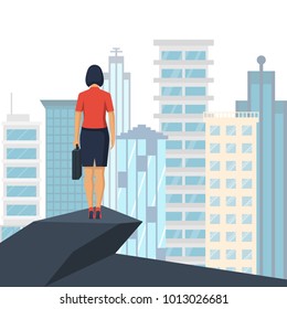 Young successful businesswoman looking at big city. Female in suit with briefcase. Motivation in business. View high buildings on background. Vector illustration flat design. 