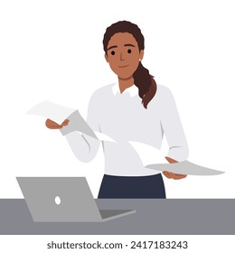 Young successful businesswoman reading documents. Smiling young female employee busy at laptop checking paperwork in office. Flat vector illustration isolated on white background