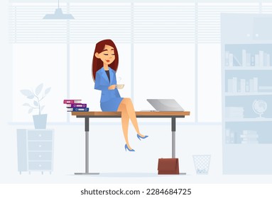 Young successful businesswoman sitting on the table, smiling and relaxing with a cup of coffee or tea at the office during a morning break