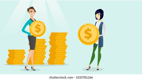 Young successful caucasian white and asian business women showing dollar golden coins on the background of stacks of coins. Business success concept. Vector cartoon illustration. Horizontal layout.