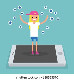 Young successful girl standing on mobile screen and raising her hands surrounded by like symbols  / flat editable vector illustration