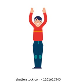 Young successful man with arms raised in flat style isolated on white background. Smiling male character holding his hands up - happy boy in casual clothes in vector illustration.