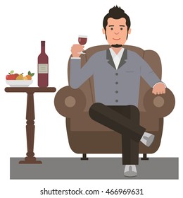 Young successful man drinking red wine. Vector style flat