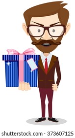 Young successful man giving a gift, vector illustration