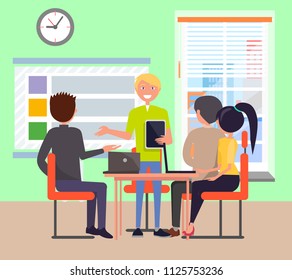 Young successful man show presentation color card vector illustration of business people sitting by table on office meeting, wall with window and desk