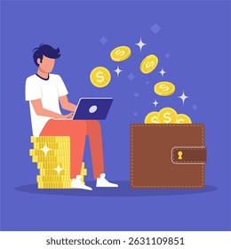 Young successful man sitting on pile of dollar coins. Big money and coins. Finance success, money wealth. Flat vector illustration isolated on white. 