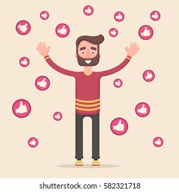 Young successful man surrounded by characters like raising hands / flat editable vector illustration