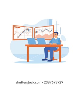 Comerciante joven y exitoso que trabaja frente al ordenador portátil de la oficina. Ver tablas de candlestick de crecimiento de marketing de empresa. Concepto de Bolsa. ilustración plana vectorial moderna de tendencia