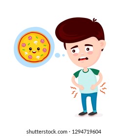 Young suffering sad man is hungry. Thinks about food, fast food, pizza. Vector flat cartoon illustration icon design. Isolated on white background. Hungry,pizza concept