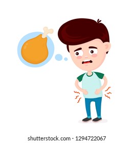 Young suffering sad man is hungry. Thinks about food, fast food, chicken leg. Vector flat cartoon illustration icon design. Isolated on white background. Hungry,chicken leg drumstick concept