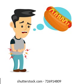 Young suffering sad man is hungry. thinks about food, fast food, hot dog. Vector flat cartoon illustration icon design. Isolated on white background. Hungry,  tasty hot dog concept