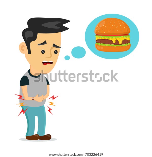 Young suffering sad man person is hungry. People\
thinks fast food,burger.Vector flat cartoon illustration icon\
design. Isolated on white background.Hungry boy,hunger\
stomach,constipation,kids\
concept