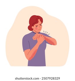 Young suffering woman scratching the skin on her hand isolated. Allergy concept. Vector flat style cartoon illustration