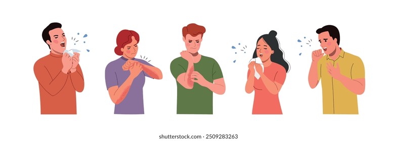 Young suffering women and men scratch the skin sneeze, cough isolated. Allergy concept. Vector flat style cartoon illustration