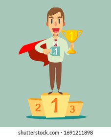 Young super hero with a proud, happy and confident expression, smiling and showing off success while gesturing victory, celebrating triumphantly. Vector flat design illustration.
