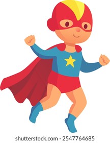 Young superhero boy joyfully soars through the air in a cape and mask. Celebrating victory with a star on his chest. Embodying childhood imagination and creativity in vibrant colors of red. Blue