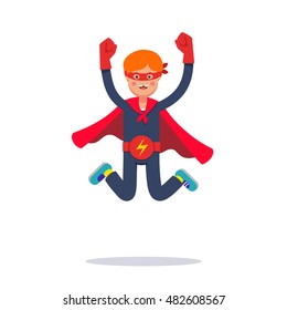 Young Superhero Boy. Kid Playing Cosplay With His Improvised Costume, Cape, Mask And Belt Pretending To Be Super Hero Electric Human. Flat Style Modern Vector Illustration Isolated On White Background