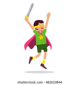 Young superhero boy. Kid playing cosplay with his improvised costume, cape, sword and mask pretending to be super hero star knight. Flat style modern vector illustration isolated on white background.