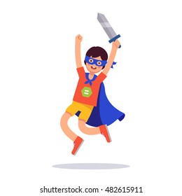 Young superhero boy. Kid playing cosplay with his improvised costume, cape, sword and mask pretending to be super hero knight. Flat style modern vector illustration isolated on white background.
