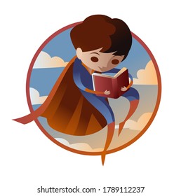 niño joven superhéroe leyendo un libro