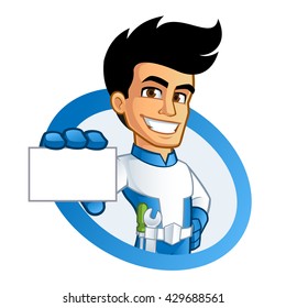 Young superhero with a business card in his hand