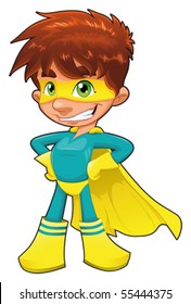 Young superhero. Funny cartoon and vector character. Isolated object
