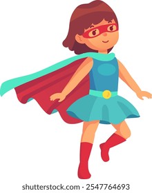 Young superhero girl confidently walks in a red cape and mask, embodying courage and strength, symbolizing hope and inspiration in a colorful illustration