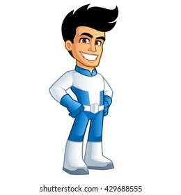 Young superhero, he is dressed in blue clothes