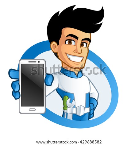 Young superhero, he has a mobile phone in her hand