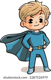 Young superhero. In his bright suit, he is ready to save the day with his superpowers and courage. Don't miss your chance to see a real hero in action! Cartoon style vector