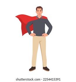 Young superhero standing with cape waving in the wind. Successful happy hero businessman. Concept of success, leadership and victory in business. Flat vector illustration isolated on white background