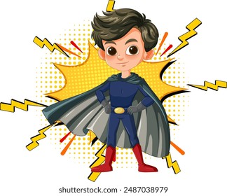 A young superhero standing confidently with lightning bolts