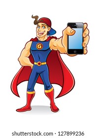 young superhero with tuft of hair stands brandishing an smart phone to the audience wearing hats and cape