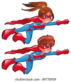 Young superheroes. Funny cartoon and vector characters. Isolated objects